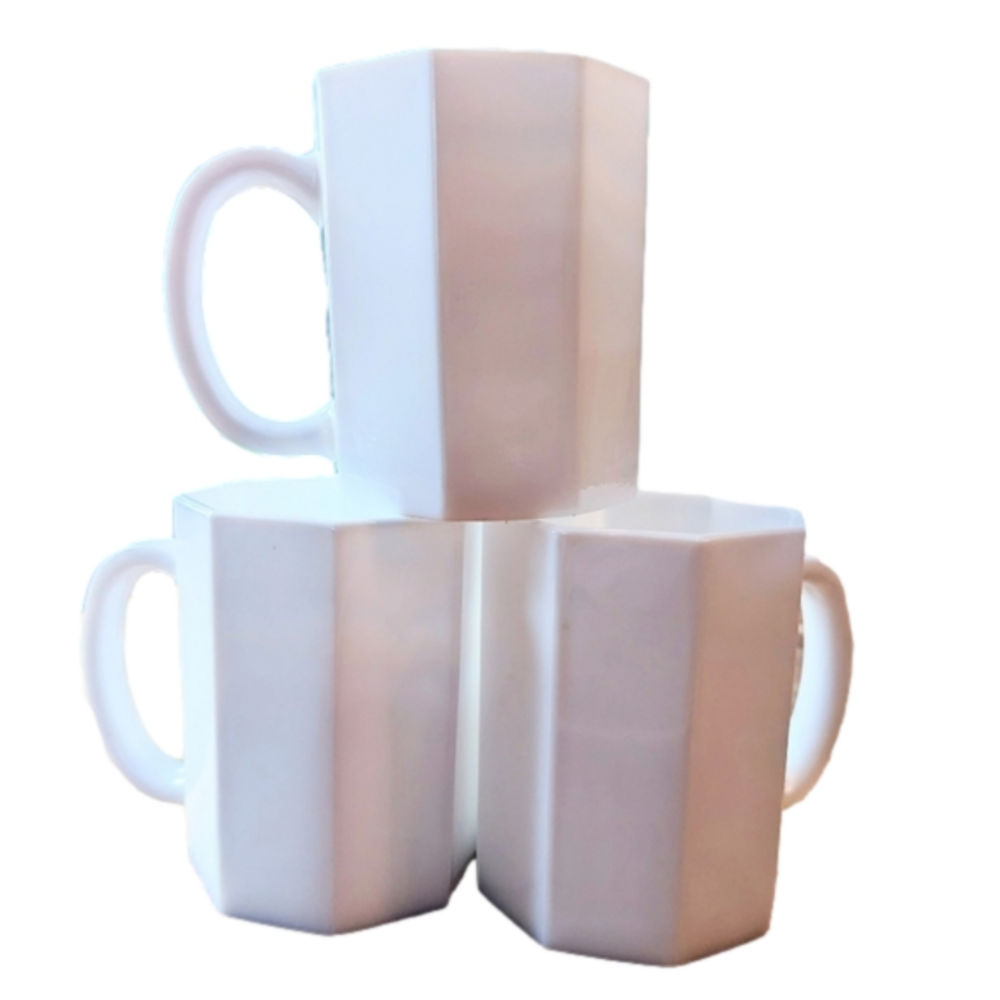 Vintage ARCOROC White Glass Mugs Set, Geometric Octagon, Art Deco Style, FRANCE